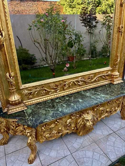 Spectaculoasa oglinda-consola-rococo-decor central cap de leu-marmura-cristal bizotat-Franta