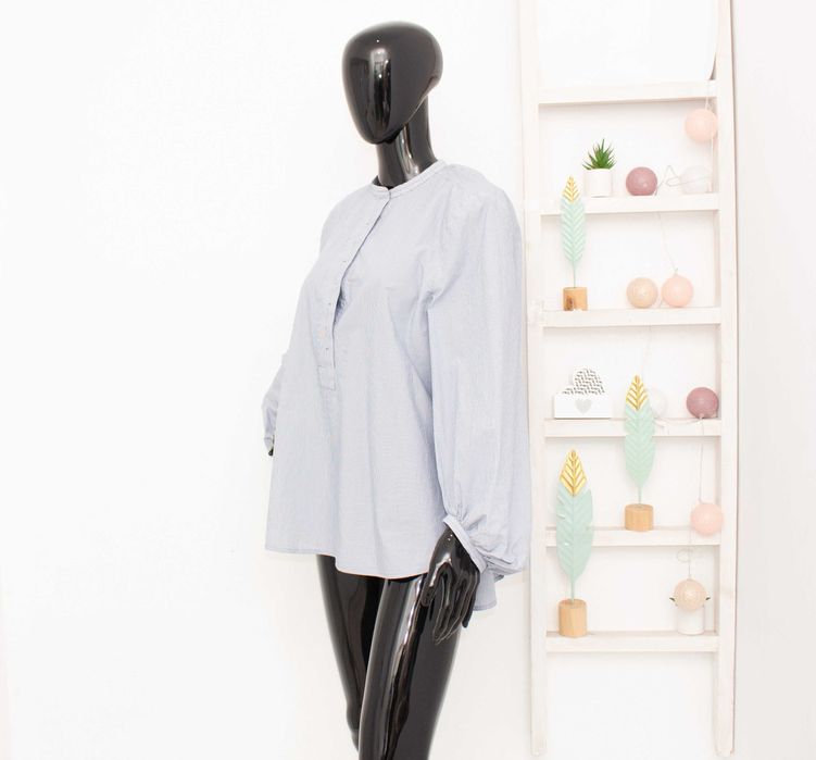 COS дамска риза синьо райе балон ръкави памук овърсайз 38 S