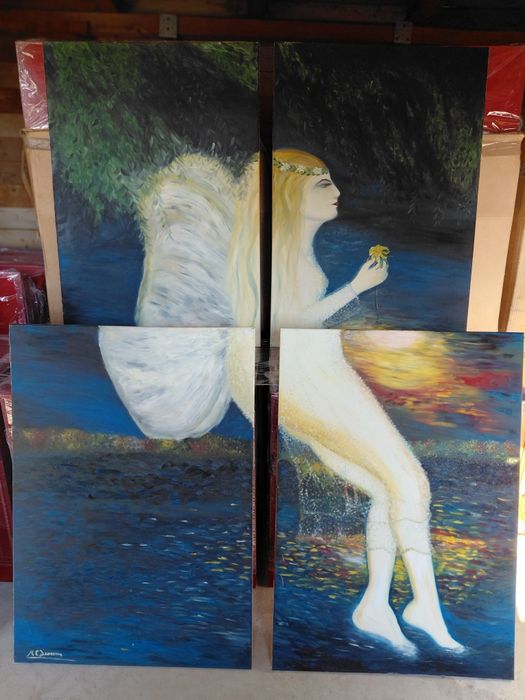 Tablou poliptic (set 4 piese) „Nimfă la apus” – Pictură în ulei, 140x200 cm, semnat