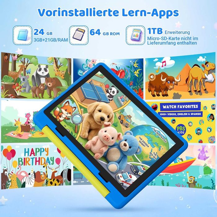 Tabletă pentru copii, 10 inch, Android 16 cu 3 GB RAM + 64 GB ROM (TF 1TB), Wi-Fi 6G, Widevine L1, 6000 mAh, husă de protecție rezistentă la căderi,