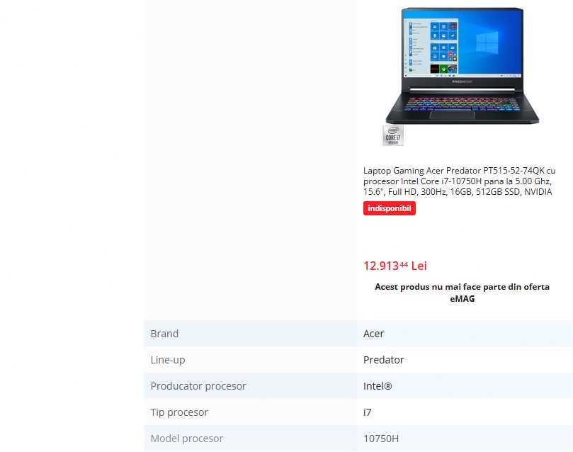 Laptop gaming acer Predator intel core i7-10750H ,video 8 GB RTX 2070