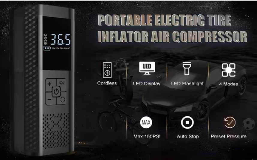 Преносим въздушен компресор за гуми, 150 PSI помпа за автомобилни гуми, мотоциклети, велосипеди