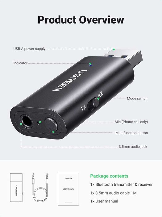 UGREEN USB 2.0 към 3.5 мм Bluetooth предавател
