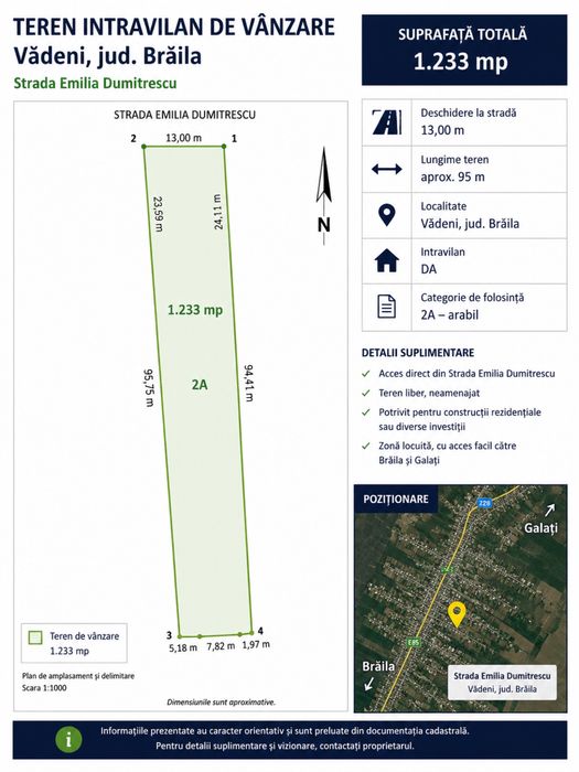 Teren intravilan 1.233 mp Vădeni, Brăila – acces asfalt – proprietar