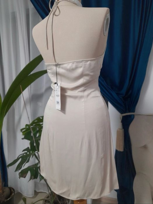 Rochie scurta gri crem taupe slip dress satinata cu spatele gol mărimea XS Zara