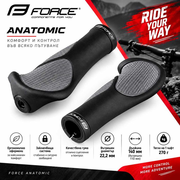 Дръжки FORCE ANATOMIC за велосипед, Заключващи, Ергономични, 140 мм, Черно-сиви