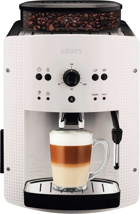 KRUPS Essential White машина за кафе на зърна, кафемашина, мелачка за зърна, машина за еспресо, 2 чаши, автоматично почистване, дюза за пара, капучино
