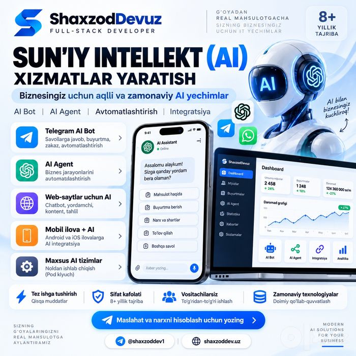 Sun’iy intellekt (AI) xizmatlar yaratish | AI Bot | AI Agent | Biznes