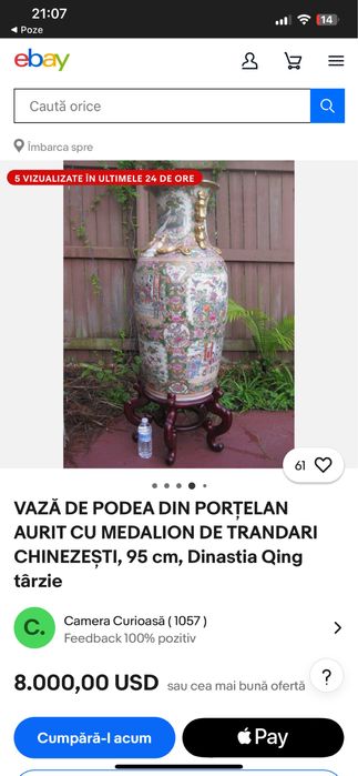 Vaza Chinezeasca Mare Vintage Portelan Suport Lemn Pictata Manual