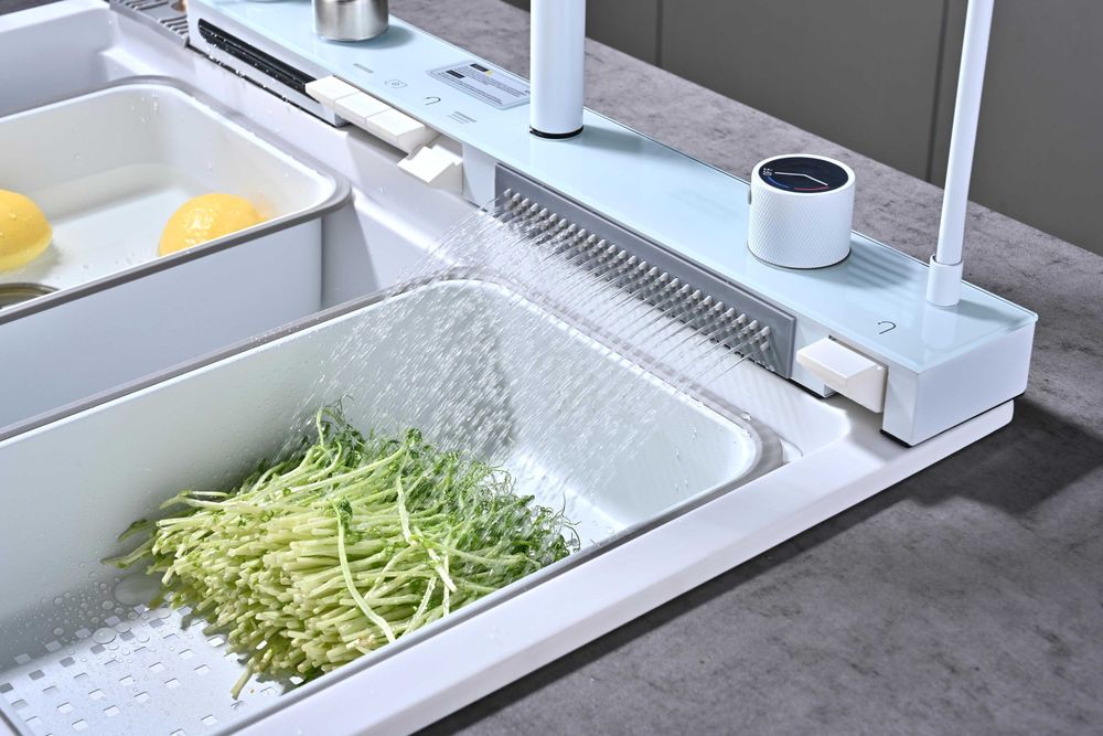 Бяла гранитна мултифункционална кухненска мивка с двоен водопад