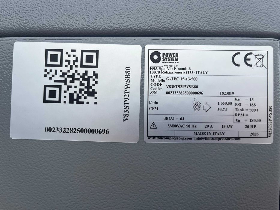 Compresor de aer NOU cu surub - Power System G-TEC 15 Kw-13 Bar, 500 L