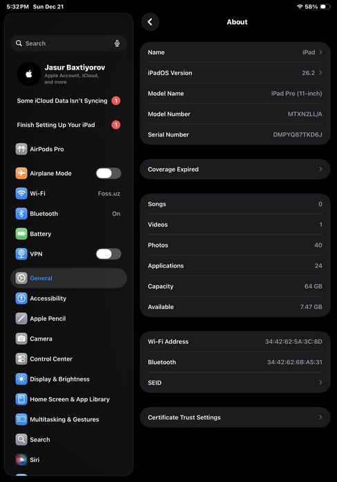 Ipad pro 11 ideal  xotira 64 Gb