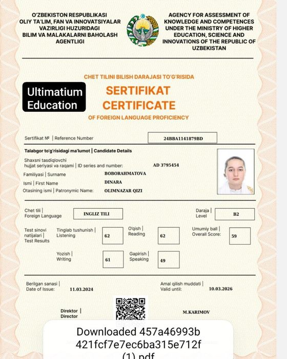CEFR C1-B2 milliy sertifikatdan