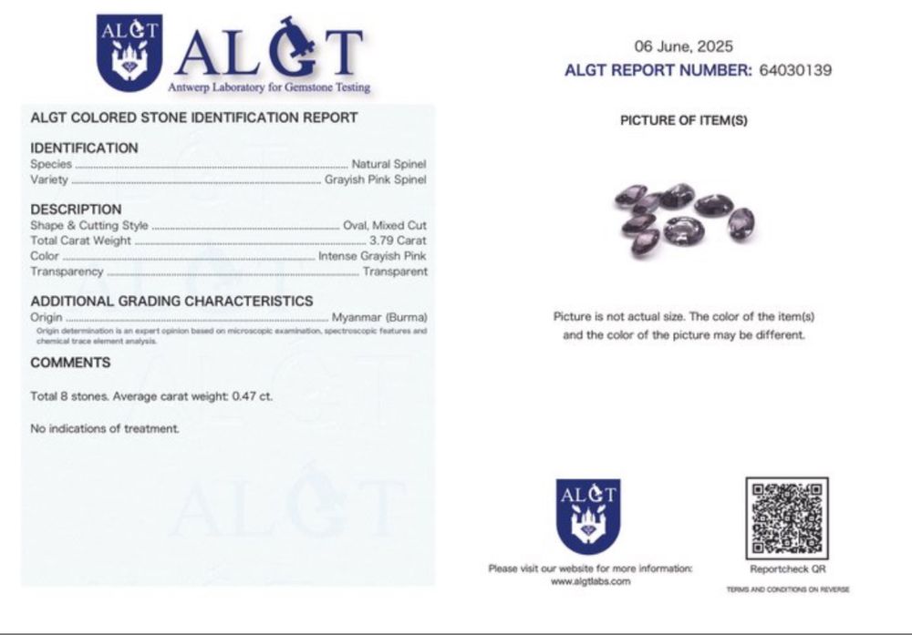 Set 8 spinel natural roz-gri 3,79 ct – certificat ALGT, netratate
