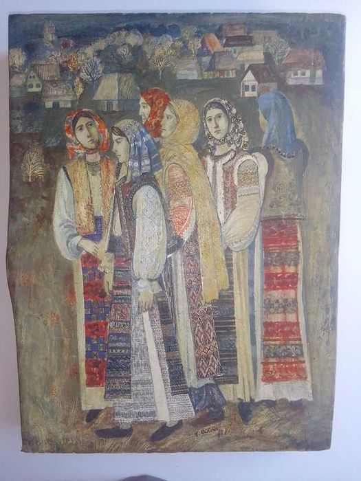 Tablou Teodor Bogoi : pictura pe lemn "Fete ȋn zi de sarbatoare"
