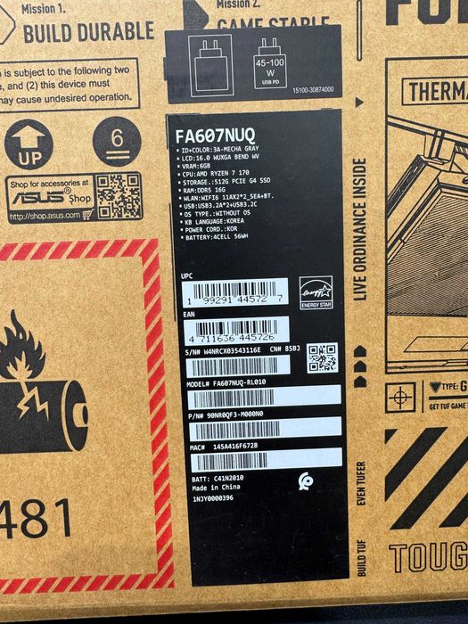 ASUS TUF Gaming A16 AMD Ryzen™ 7 170 RTX 4050 16/512GB 16.0 144Hz IPS
