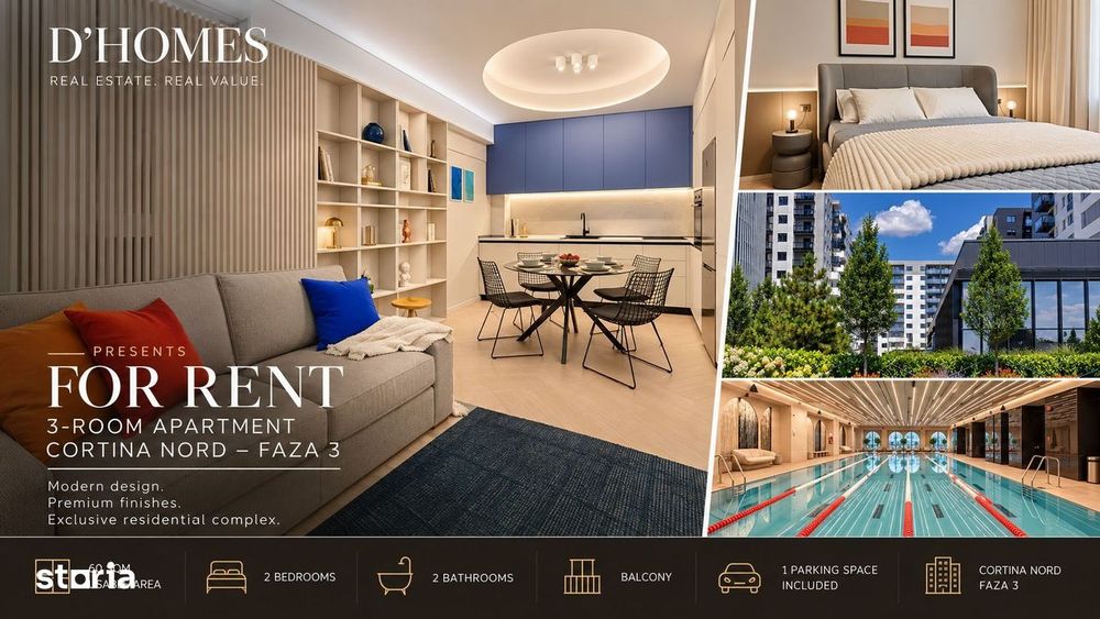 Chirie I Apartament 3 Camere | Cortina North I  Vedere Interioară