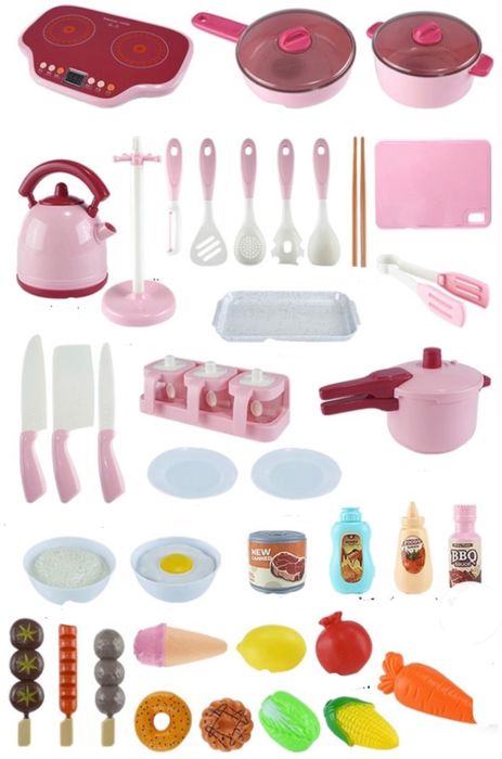 Детски комплект за готвене с котлони, тигани и зеленчуци