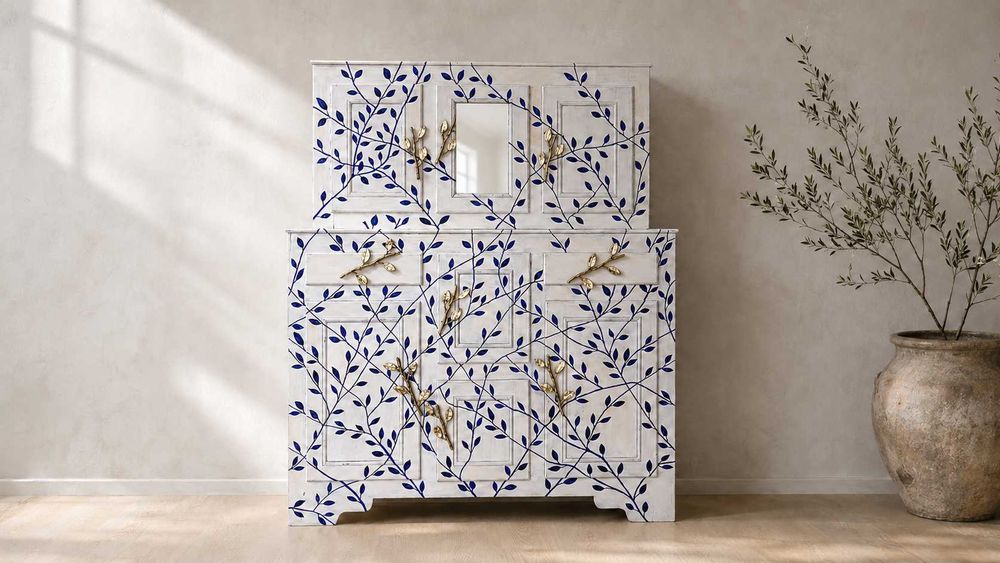 Bufet pictat manual – piesă de artă unicat „323 Blue Leaves”