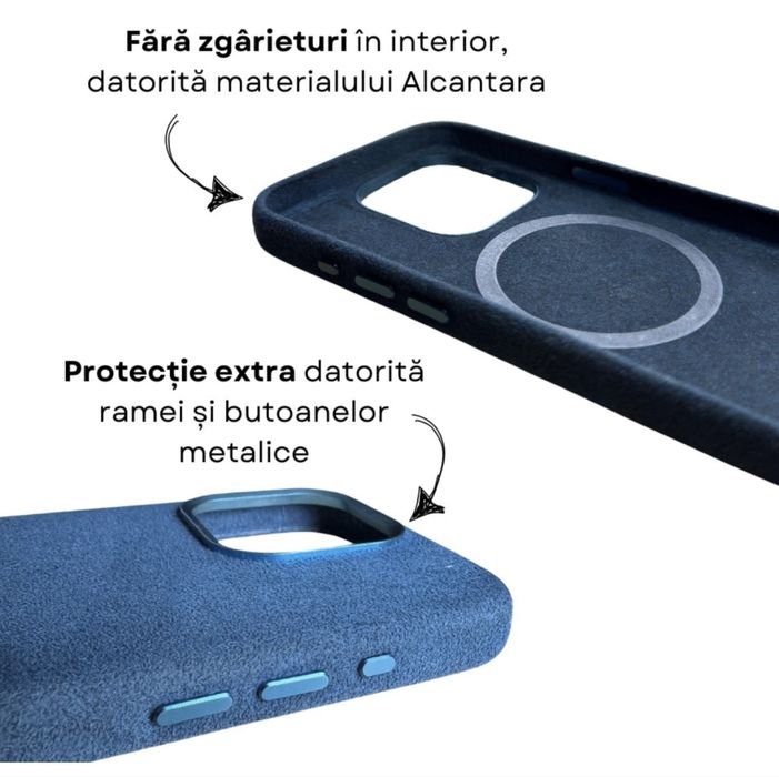 Huse iphone 14 si 15, Pro si ProMax din piele Alcantara, MagSafe