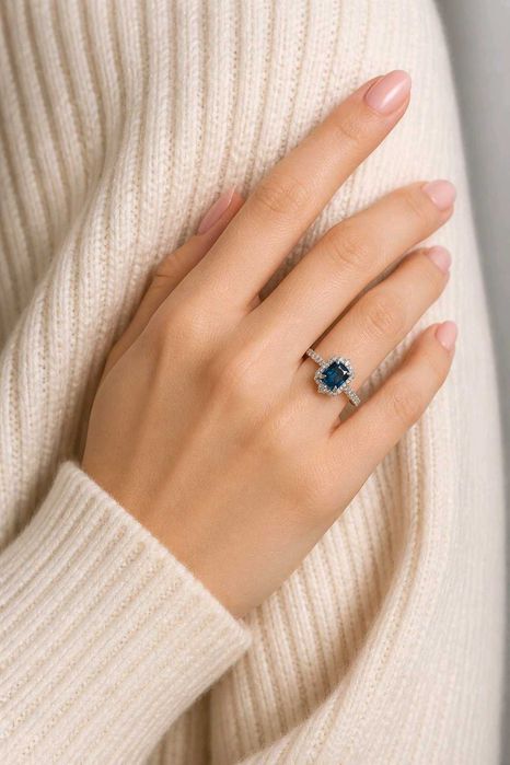 Пръстен със син сапфир 1.43 ct и естествени диаманти 0.35 ct F/VS – 14K бяло злато, Арт Деко, Сертификат GemLab