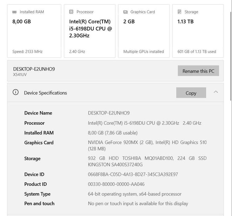 ASUS X541UV i5 / 8GB RAM / 250GB SSD + 1TB HDD / NVIDIA 920MX
