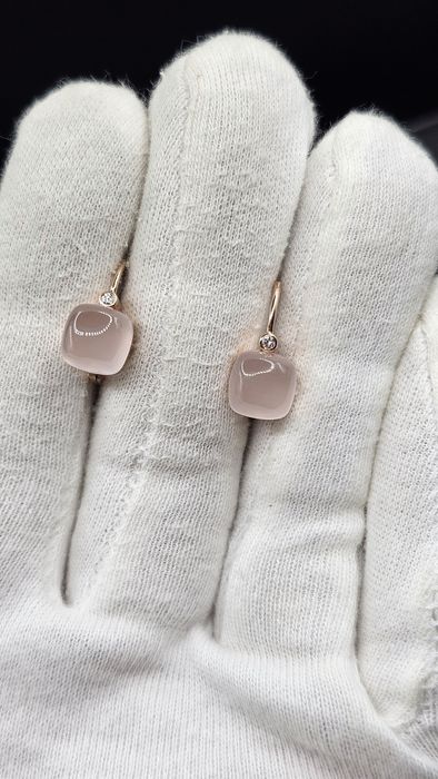 Златни обеци 14К с естествен розов кварц и диаманти | 3.90 гр