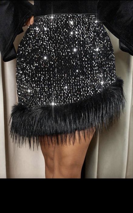Черна пола с пайети и пух парти блестяща камъчета