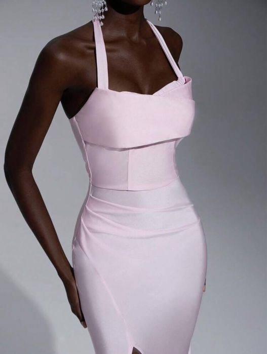 Чисто нова Елегантна, официална, дълга розова рокля с цепка, размер L  Л, материя сатен и еластан, за бал или гост на сватба