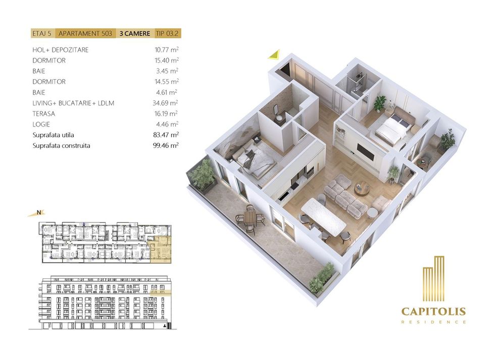 Apartament 3 camere, 83 mp plus terasa 16 mp, Capitolis Residence