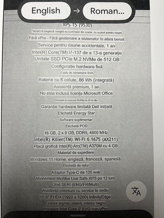 Dell XPS 15 9530, 16GB 2x8GB DDR5 4800MHz, 512GB M.2 Drive, 15.5” FHD+