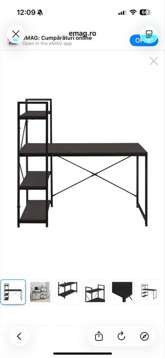 Birou cu rafturi Stavanger, 122 x 120 x 64 cm, metal/PAL, negru/efect lemn de nuc