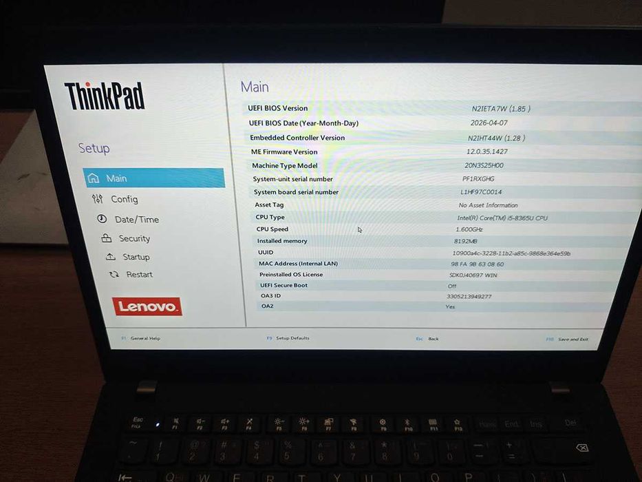 Лаптоп Lenovo Thinkpad T490, i5-8365U, 8gb ram, 128gb ssd, със зарядно