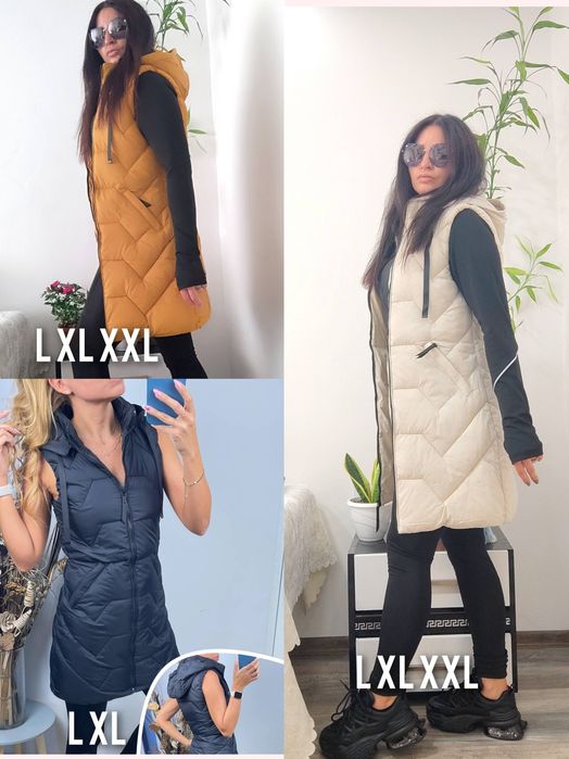 РАЗПРОДАЖБА Дамски дълъг елек - грейка с качулка L XL XXL Удобен! Прак