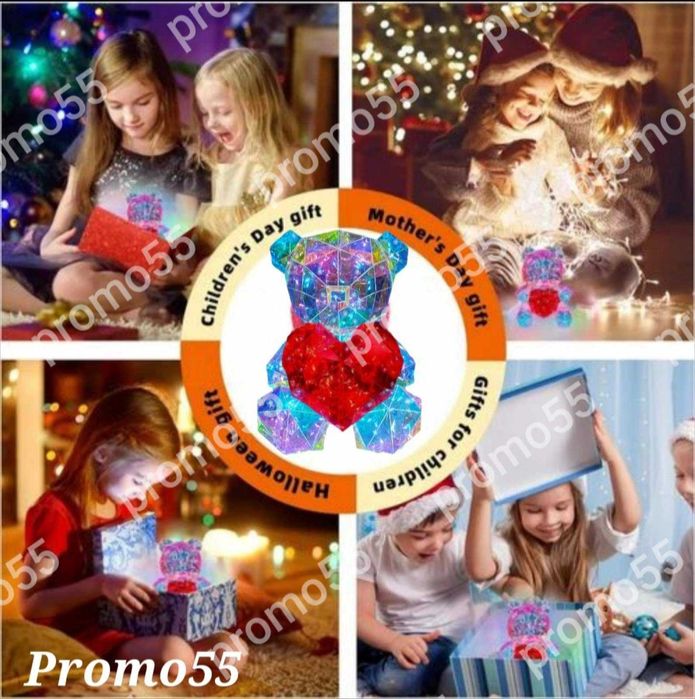 Светещо Мече със Сърце 3D в Луксозна Кутия с Панделка