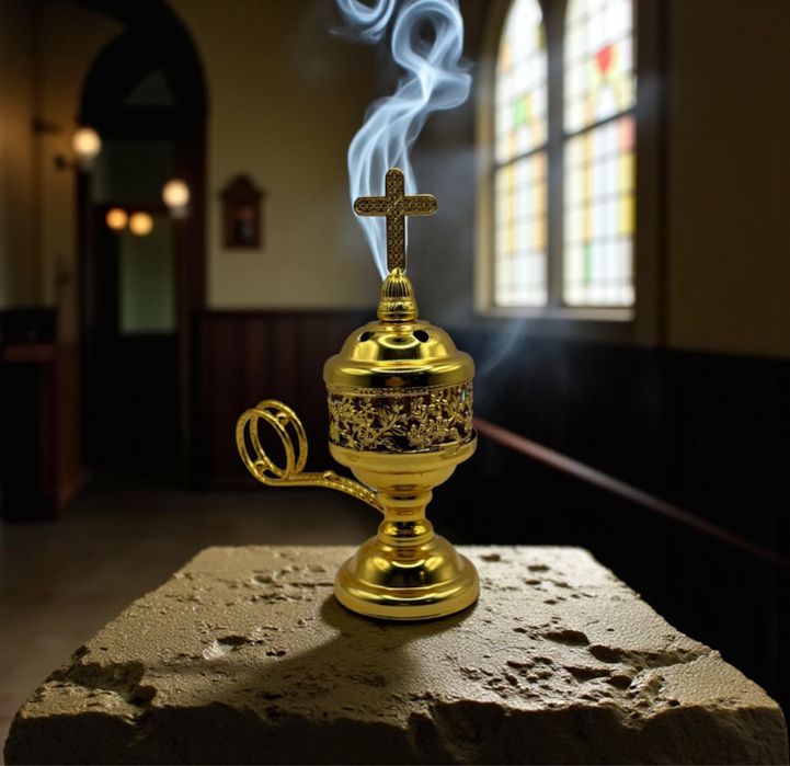 Cățuie/Candele - pentru ars cărbune tămâie, aurie, cu cruce / Grecia