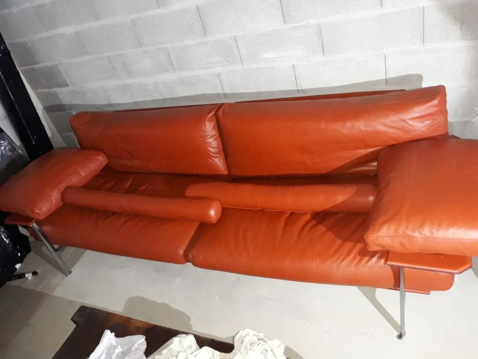 Set divan piele naturală cu măsuță din sticlă