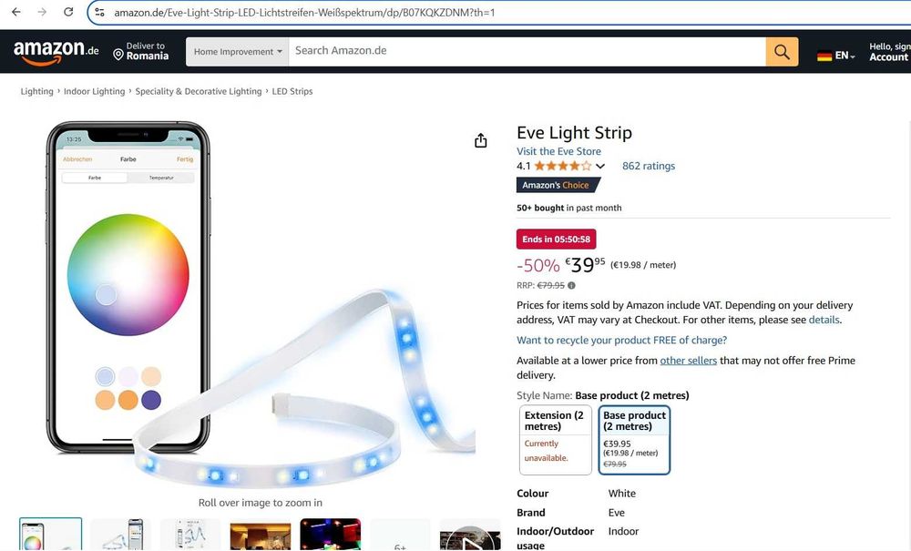 Bandă led inteligentă Eve Light Strip, 2m, HomeKit