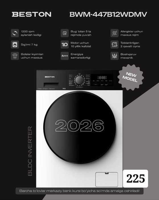 Kir yuvish mashinasi beston 8 kg invertor mator optom