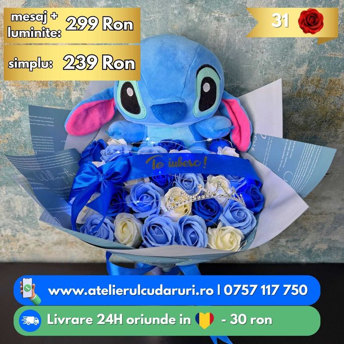 Buchete Trandafiri Sapun & Stitch & Sclipici cu Livrare