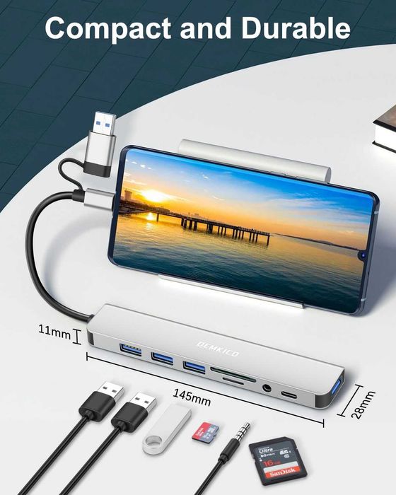 USB 3.0 Адаптер 7-в-1 DEMKICO – С вграден аудио жак и четец за карти