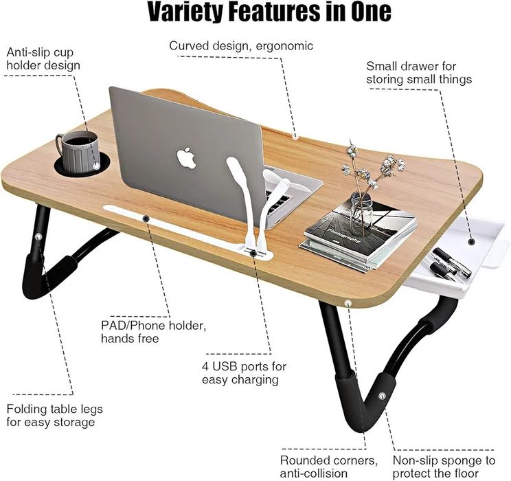 A3A ACADGQ Noptiera, Masuta pliabila pentru laptop cu 4 interfete USB, sertar, slot pentru pahare, suport tableta, birou pentru pat