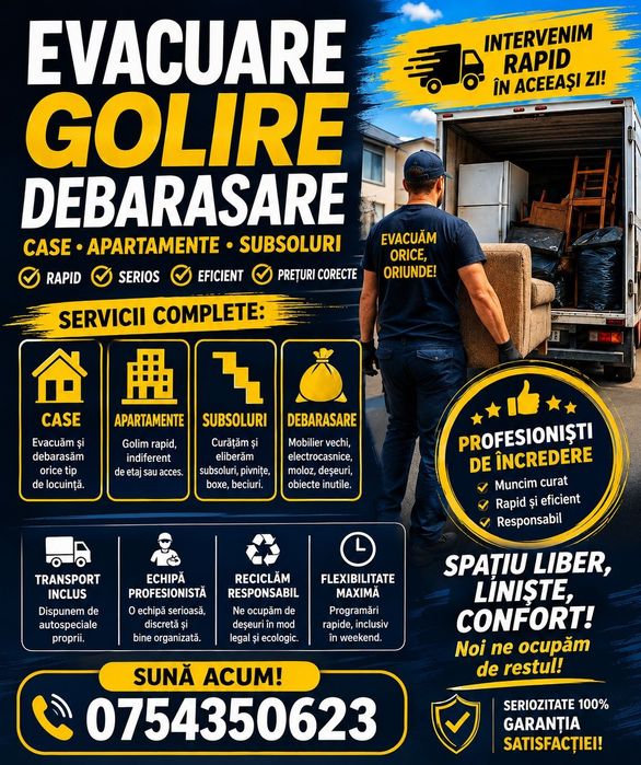 Golim evacuam Debarasam  apartamente case subsoluri spatii comerciale transport