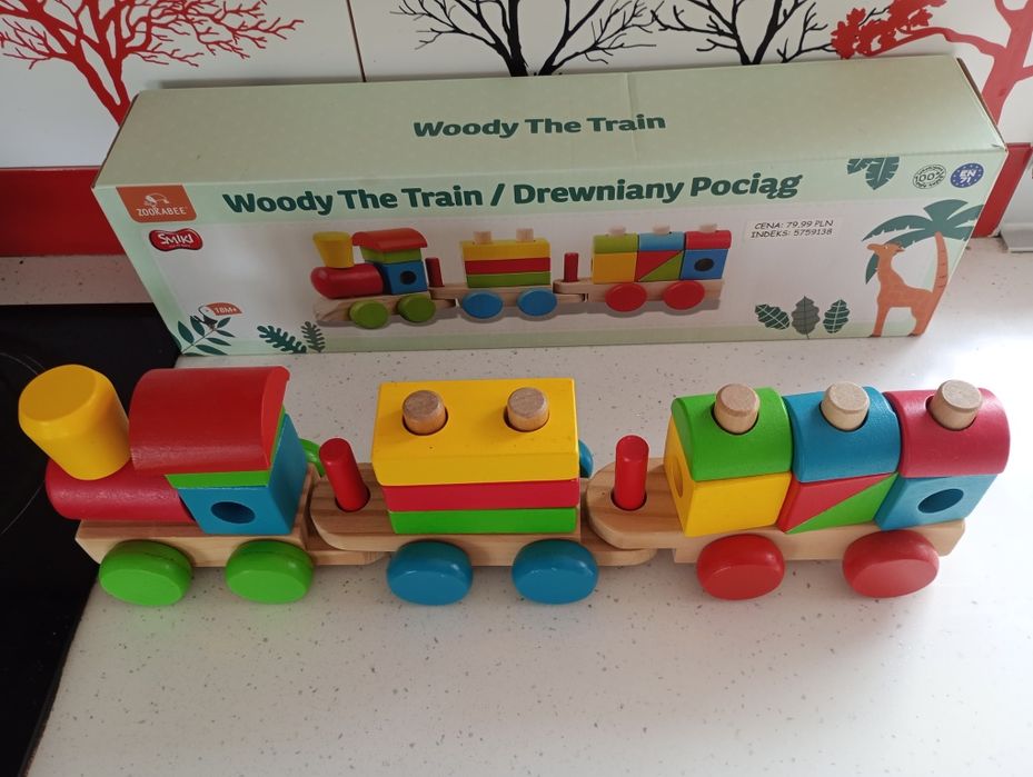 Дървено влакче за нанизване и бутане / Дървен дидактически влак Woody