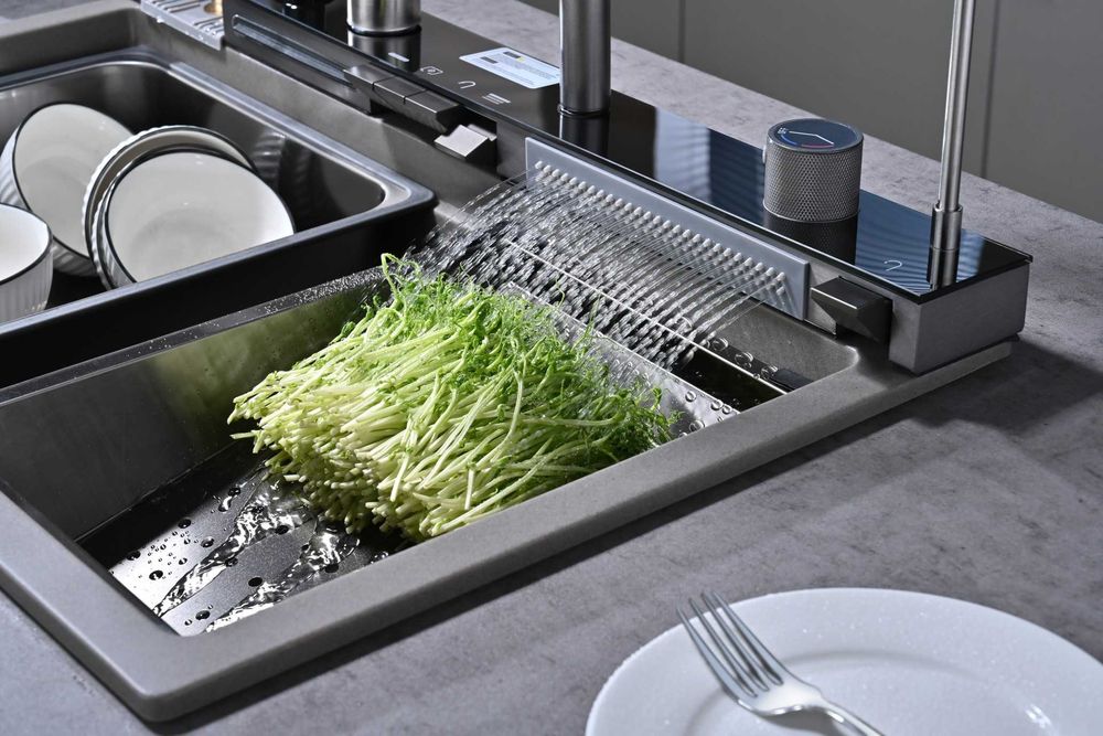 Сива гранитна мултифункционална кухненска мивка с двоен водопад