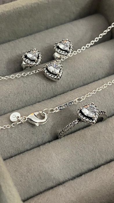 Oferta limitată! Set Complet Argint PANDORA  – Inel mărimea 54, Cercei și Lanț cu Inimă