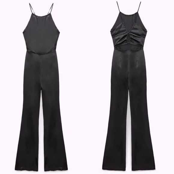 zara salopeta satin negru Small noua spate gol cut out lunga
