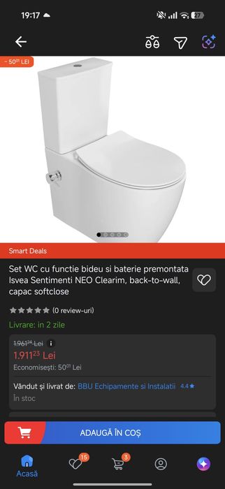 Set WC cu functie bideu si baterie premontata Isvea Sentimenti NEO Clearim, back-to-wall, capac softclose