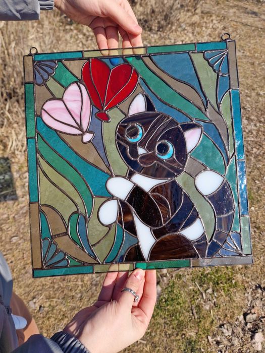 Vitraliu pisică cu baloane