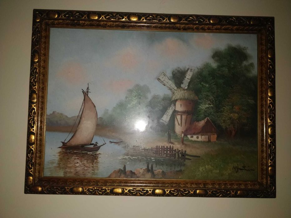 Tablou decorativ vechi – peisaj cu moară de vânt – ramă aurită masivă